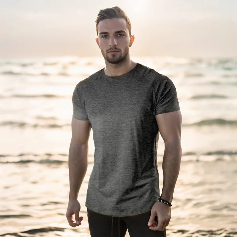 Summer Men t-Shirt Casual Cotton t Shirt Short Sleeve Soild Tops Breathable Gym t-Shirts Elastic o-Neck Tee Shirt Man Clothing