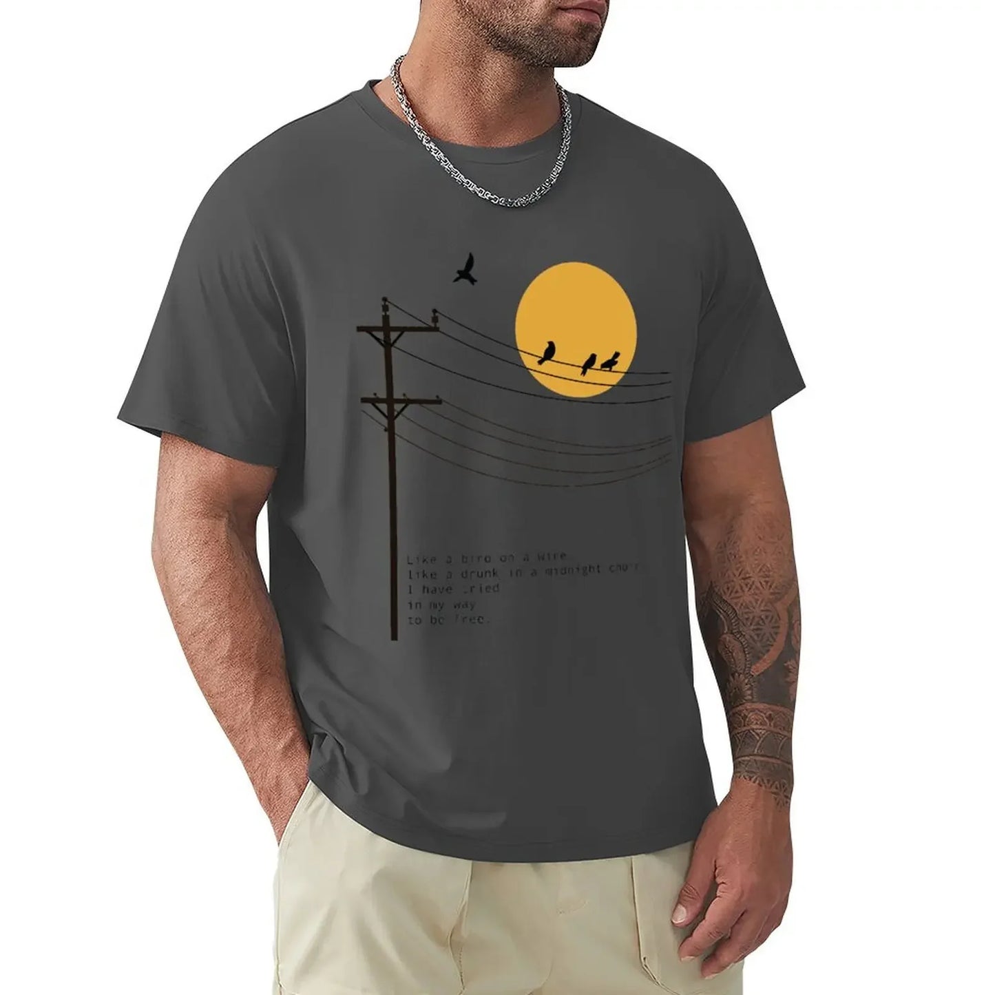 Summer Clothes Fruit of The Loom Mens T Shirts Leonard Cohen Bird on A Wire Poetry Art T-Shirt Boys Whites Men Clothing Graphic