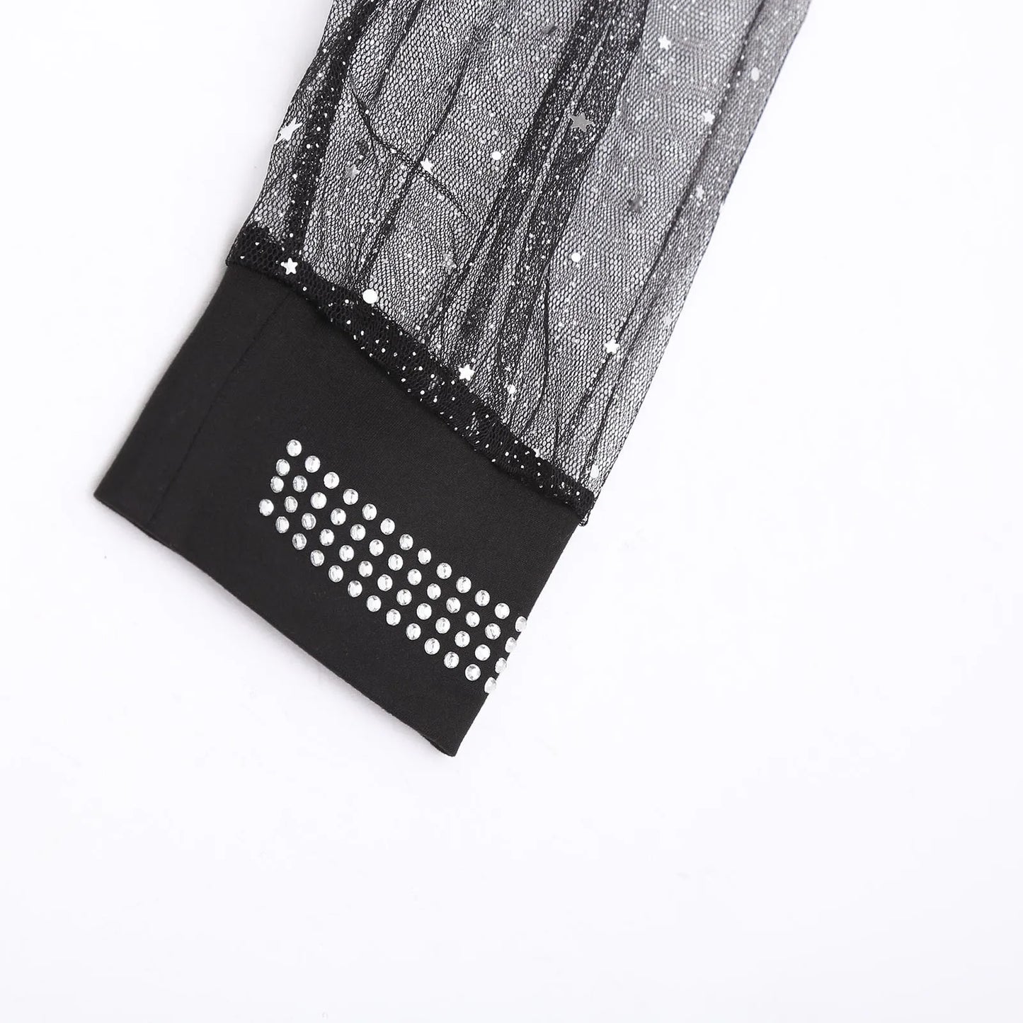 Woman Casual Rhinestone Sheer Mesh Patch Glitter Top Female Clothing New Women'S Fashion Long Sleeve Daily T-Shirt