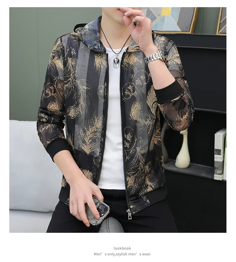 Men's Summer Mesh Sun Protection Clothing Trendy Stripe Print Ice Silk Cool Feeling Breathable Quick Dry Hooded Jacket
