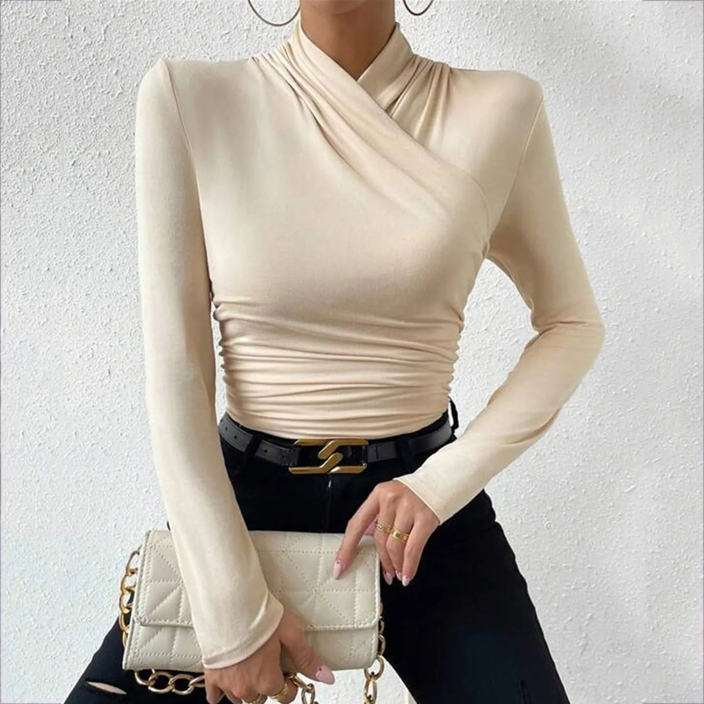 Women'S Autumn And Winter Tank Tops With A Neckline Slim Fit Versatile Pleated T Shirt Sexy Cross Ladies Crop Tops Streetwear