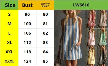 Women's Casual Dresses Woman Clothes Elegant Party Summer Dress Female Clothing Fashion Striped Sleeveless Round-neck Mini Dress