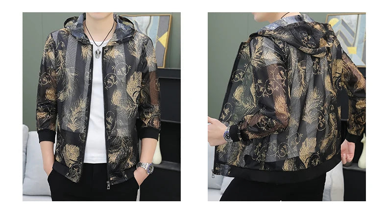 Men's Summer Mesh Sun Protection Clothing Trendy Stripe Print Ice Silk Cool Feeling Breathable Quick Dry Hooded Jacket