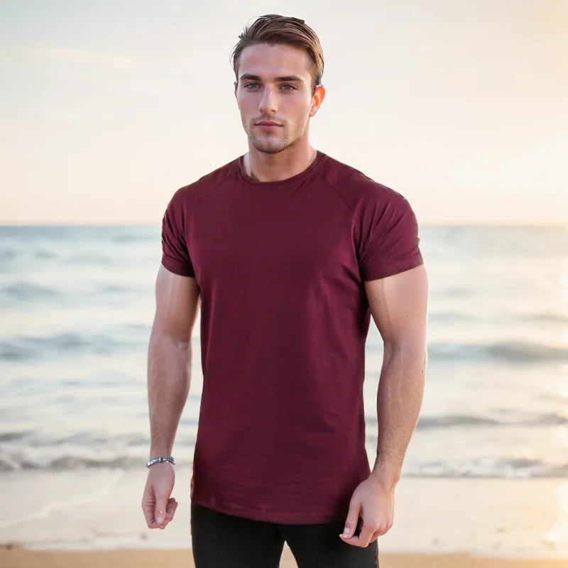 Summer Men t-Shirt Casual Cotton t Shirt Short Sleeve Soild Tops Breathable Gym t-Shirts Elastic o-Neck Tee Shirt Man Clothing