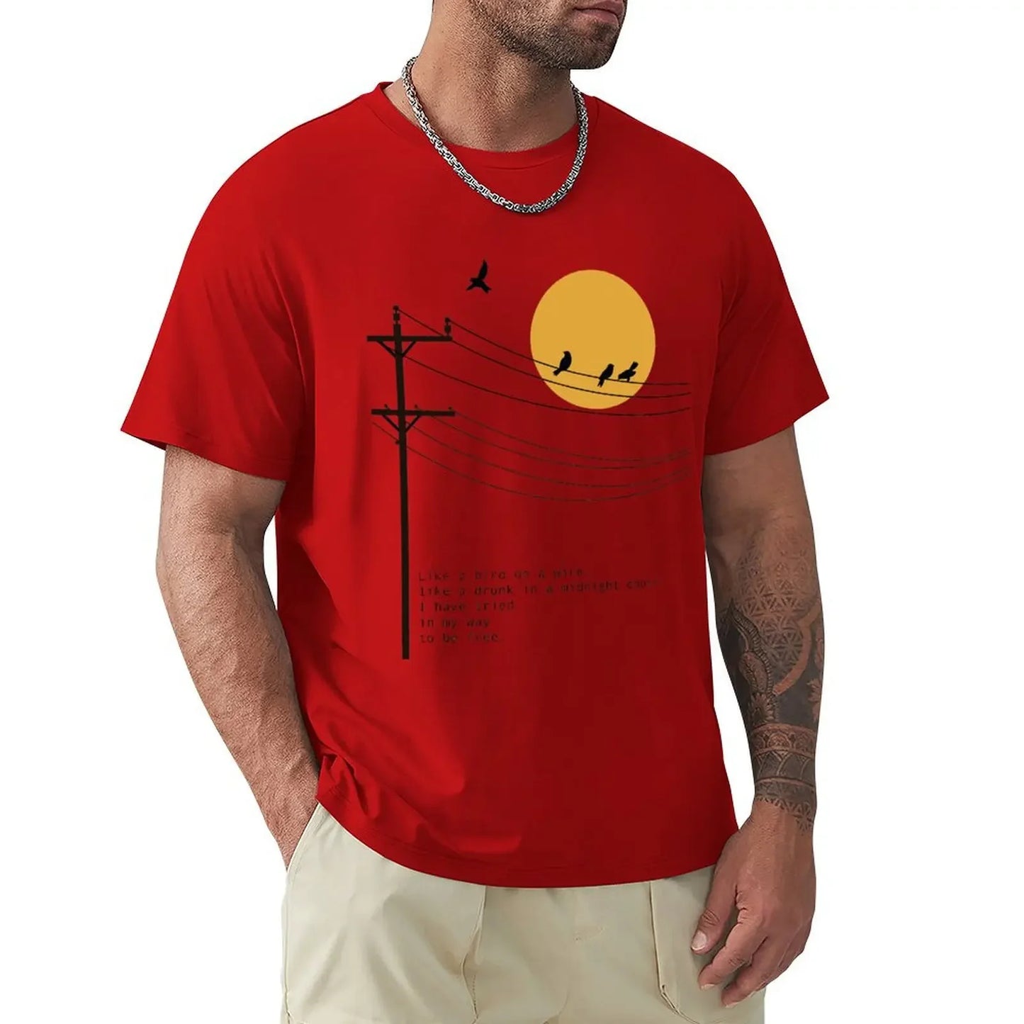Summer Clothes Fruit of The Loom Mens T Shirts Leonard Cohen Bird on A Wire Poetry Art T-Shirt Boys Whites Men Clothing Graphic