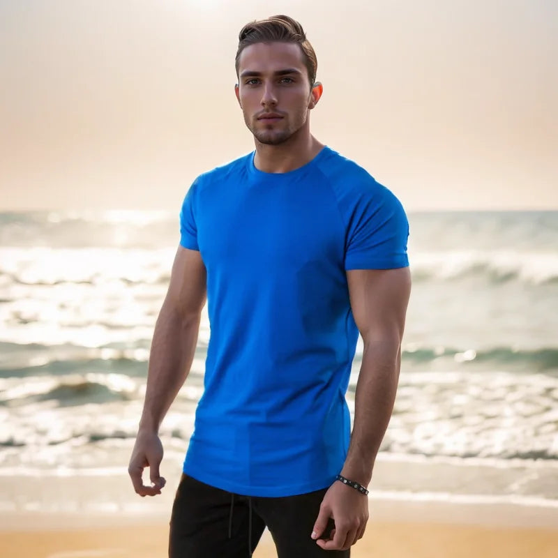 Summer Men t-Shirt Casual Cotton t Shirt Short Sleeve Soild Tops Breathable Gym t-Shirts Elastic o-Neck Tee Shirt Man Clothing