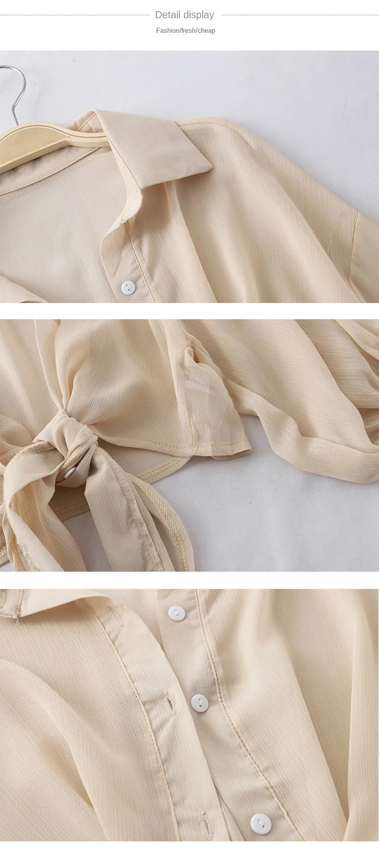 Summer Sun-protective clothing Casual Loose Clothes Elegant Solid Color Tied Waist Blouse Bat Half Sleeve Button Chiffon Shirt