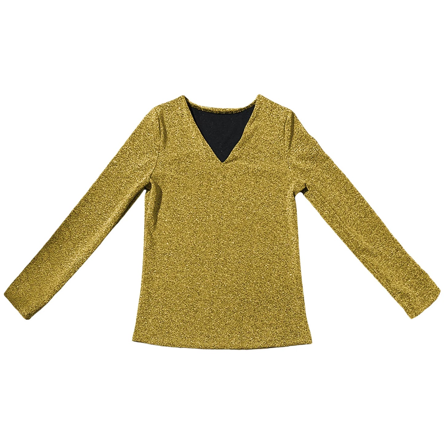 Sequins Women V Neck Elegant T-shirt Top Solid Color Long Sleeved Top Party Streetwear Tees Shiny Temperament Female Clothing