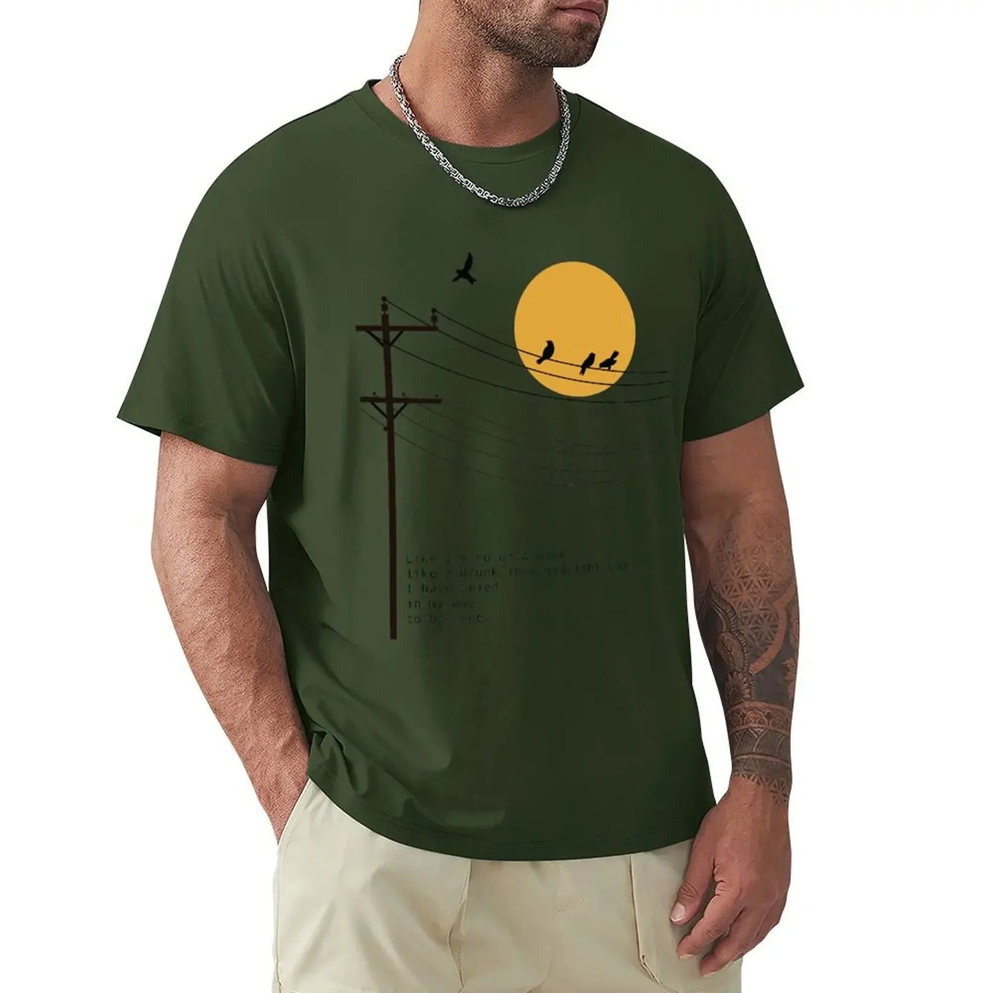Summer Clothes Fruit of The Loom Mens T Shirts Leonard Cohen Bird on A Wire Poetry Art T-Shirt Boys Whites Men Clothing Graphic