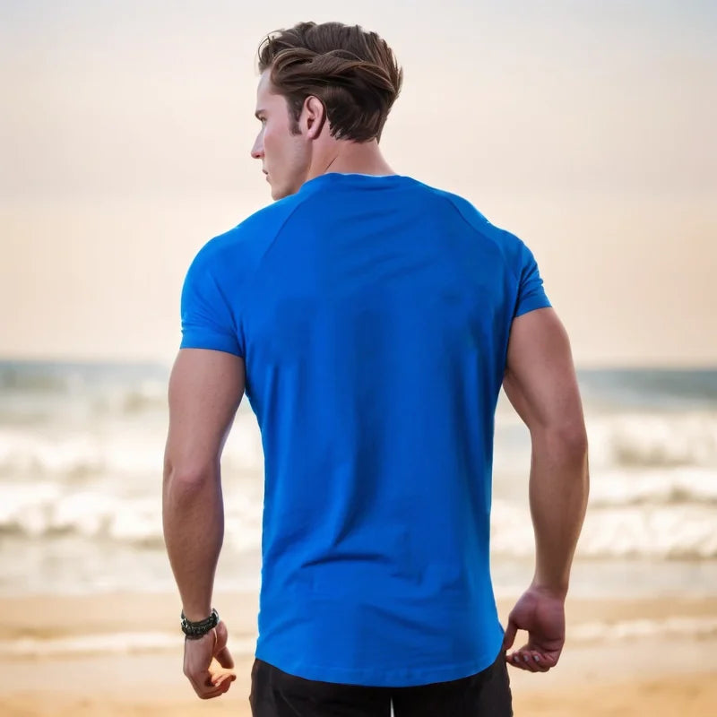 Summer Men t-Shirt Casual Cotton t Shirt Short Sleeve Soild Tops Breathable Gym t-Shirts Elastic o-Neck Tee Shirt Man Clothing