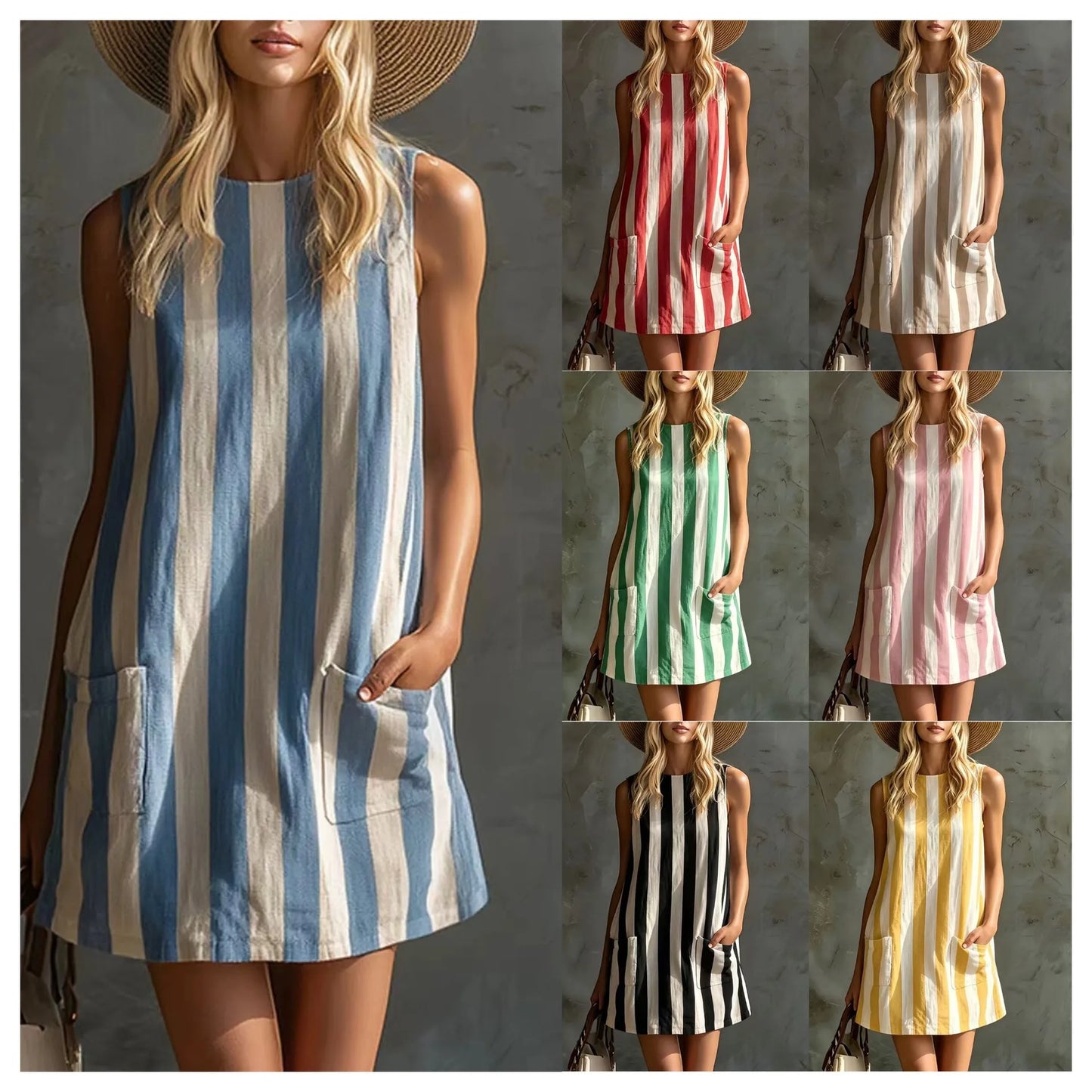 Women's Casual Dresses Woman Clothes Elegant Party Summer Dress Female Clothing Fashion Striped Sleeveless Round-neck Mini Dress