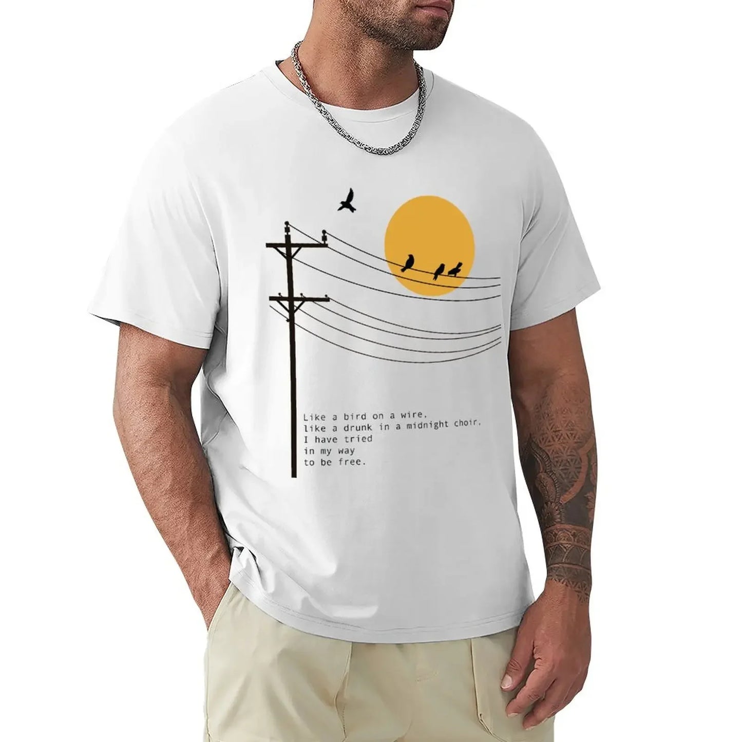 Summer Clothes Fruit of The Loom Mens T Shirts Leonard Cohen Bird on A Wire Poetry Art T-Shirt Boys Whites Men Clothing Graphic