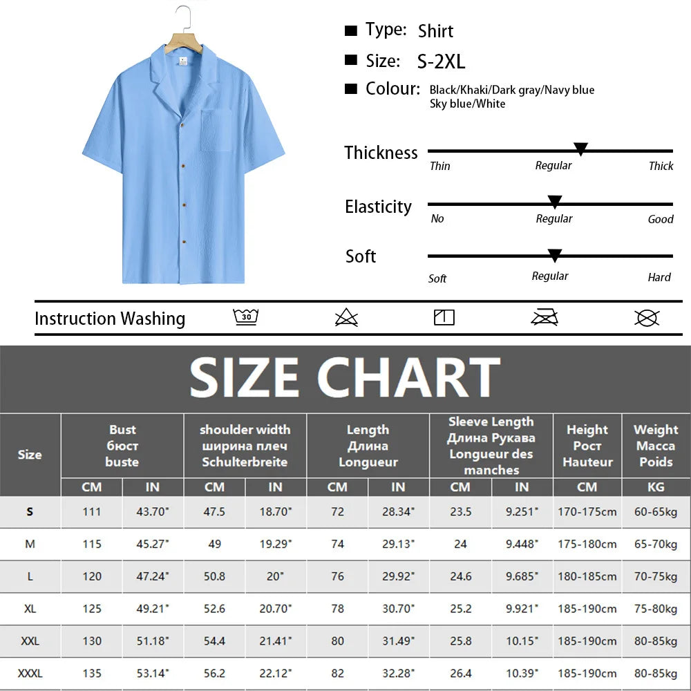 Summer Shirts for Men Casual Short Sleeved Shirts Breathable Solid Color Turn-Down Collar Formal Beach Shirts Male Clothing