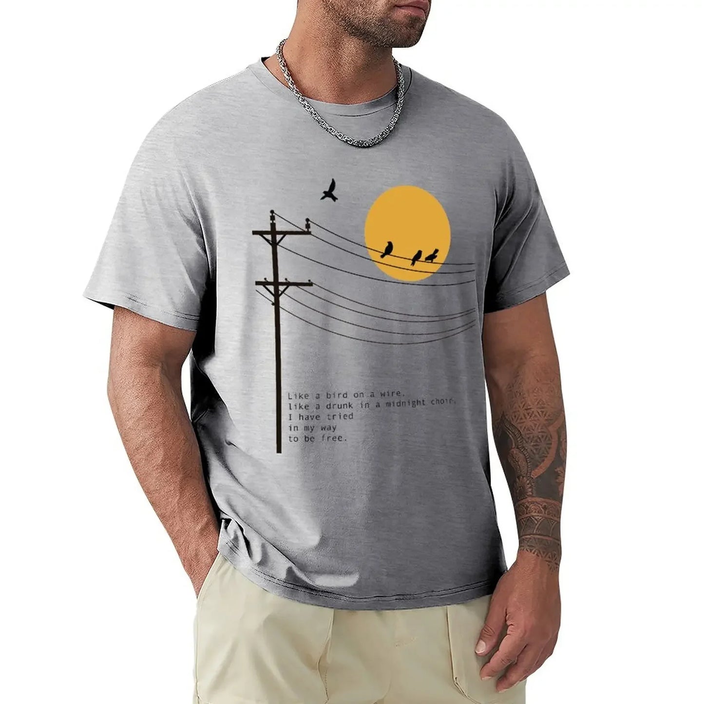 Summer Clothes Fruit of The Loom Mens T Shirts Leonard Cohen Bird on A Wire Poetry Art T-Shirt Boys Whites Men Clothing Graphic