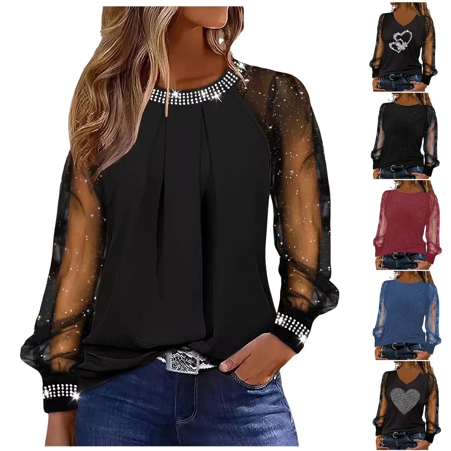 Woman Casual Rhinestone Sheer Mesh Patch Glitter Top Female Clothing New Women'S Fashion Long Sleeve Daily T-Shirt