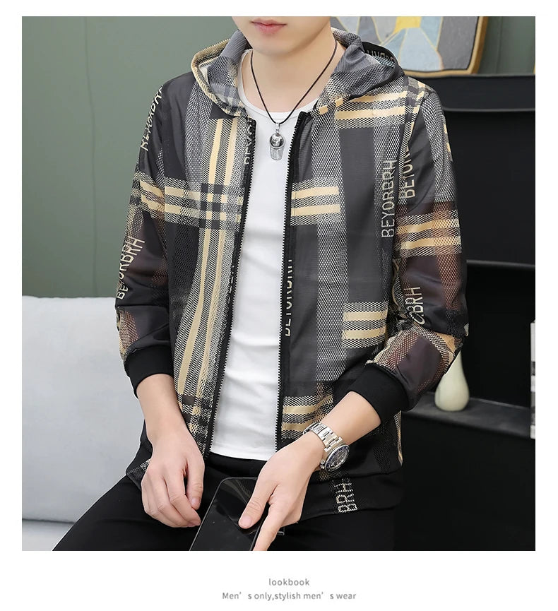 Men's Summer Mesh Sun Protection Clothing Trendy Stripe Print Ice Silk Cool Feeling Breathable Quick Dry Hooded Jacket