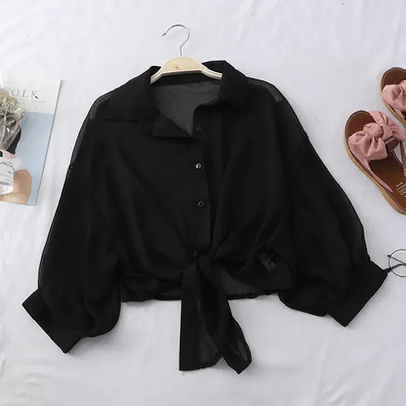Summer Sun-protective clothing Casual Loose Clothes Elegant Solid Color Tied Waist Blouse Bat Half Sleeve Button Chiffon Shirt