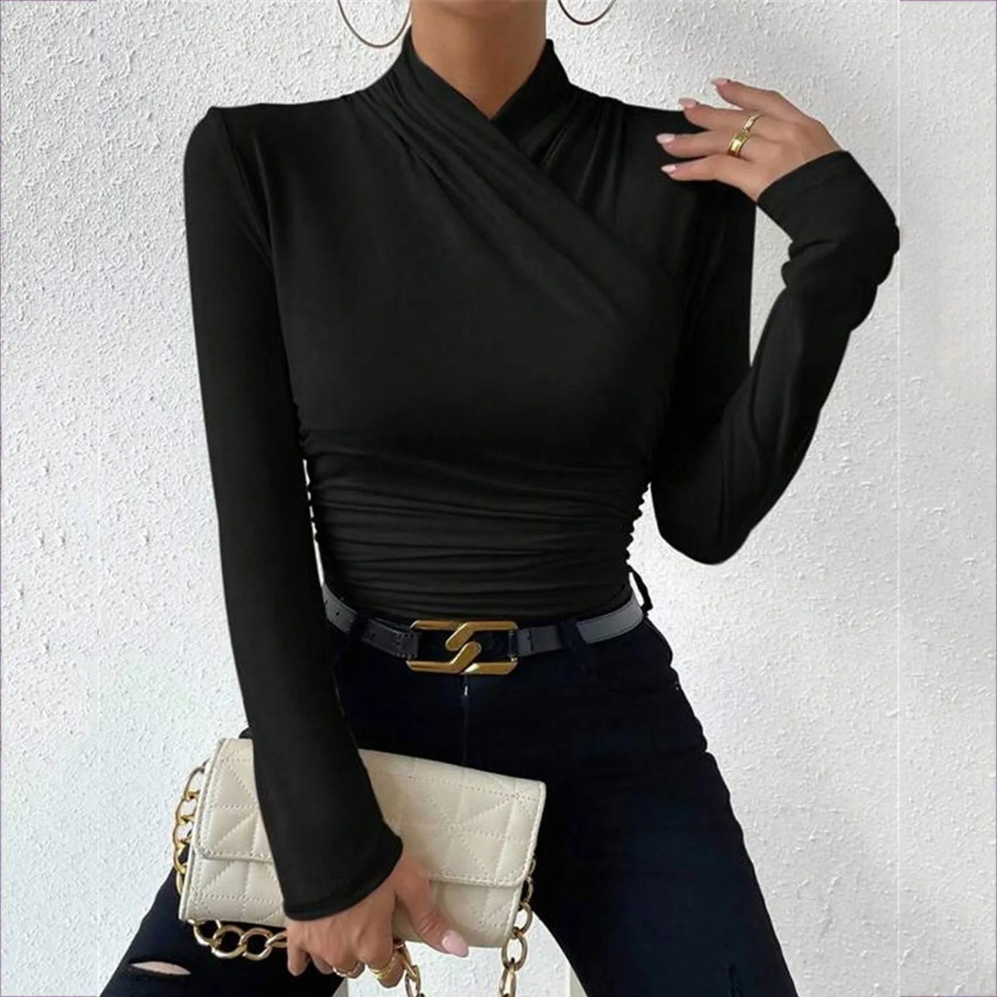 Women'S Autumn And Winter Tank Tops With A Neckline Slim Fit Versatile Pleated T Shirt Sexy Cross Ladies Crop Tops Streetwear