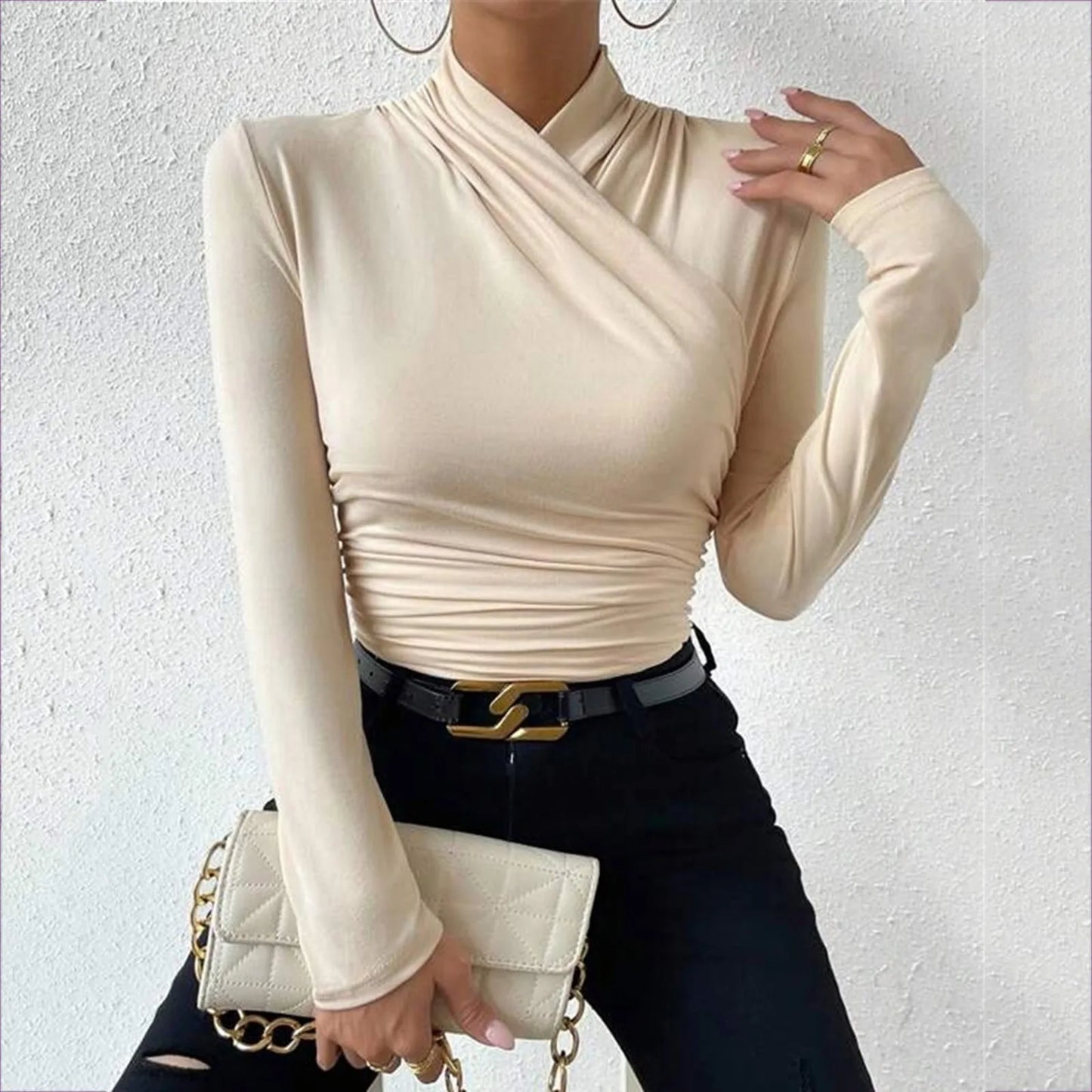 Women'S Autumn And Winter Tank Tops With A Neckline Slim Fit Versatile Pleated T Shirt Sexy Cross Ladies Crop Tops Streetwear