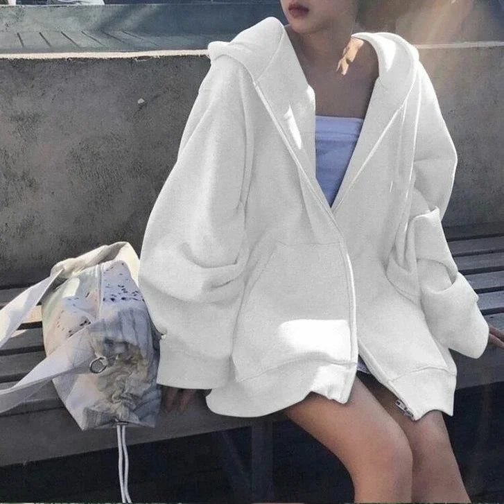 Duomofu Korean Style Oversize Gray Hoodies Women Streetwear Loose Hooded Sweatshirt Female Casual Black Long Sleeve Tops Jacket