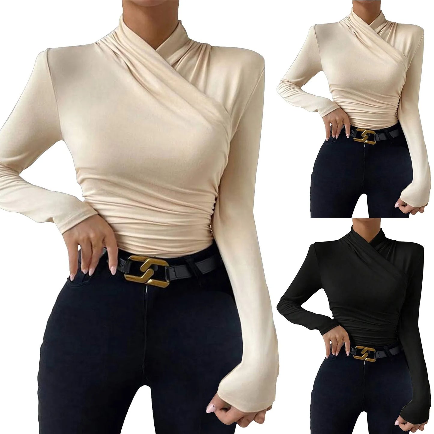 Women'S Autumn And Winter Tank Tops With A Neckline Slim Fit Versatile Pleated T Shirt Sexy Cross Ladies Crop Tops Streetwear