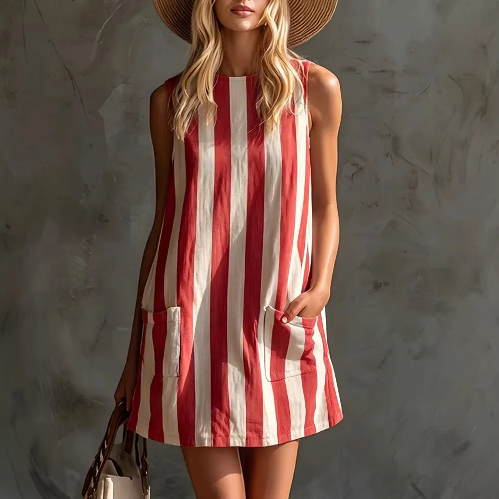 Women's Casual Dresses Woman Clothes Elegant Party Summer Dress Female Clothing Fashion Striped Sleeveless Round-neck Mini Dress