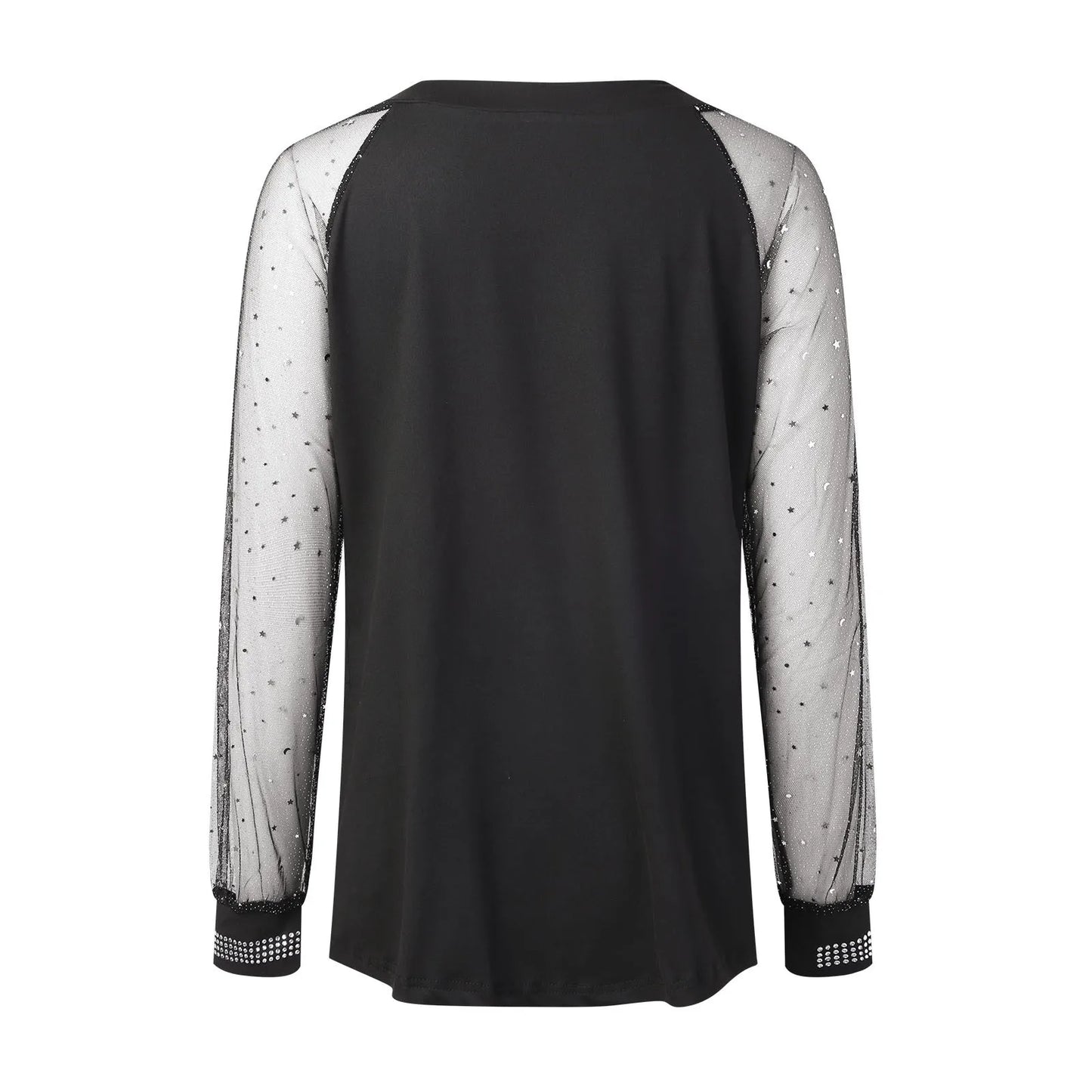 Woman Casual Rhinestone Sheer Mesh Patch Glitter Top Female Clothing New Women'S Fashion Long Sleeve Daily T-Shirt