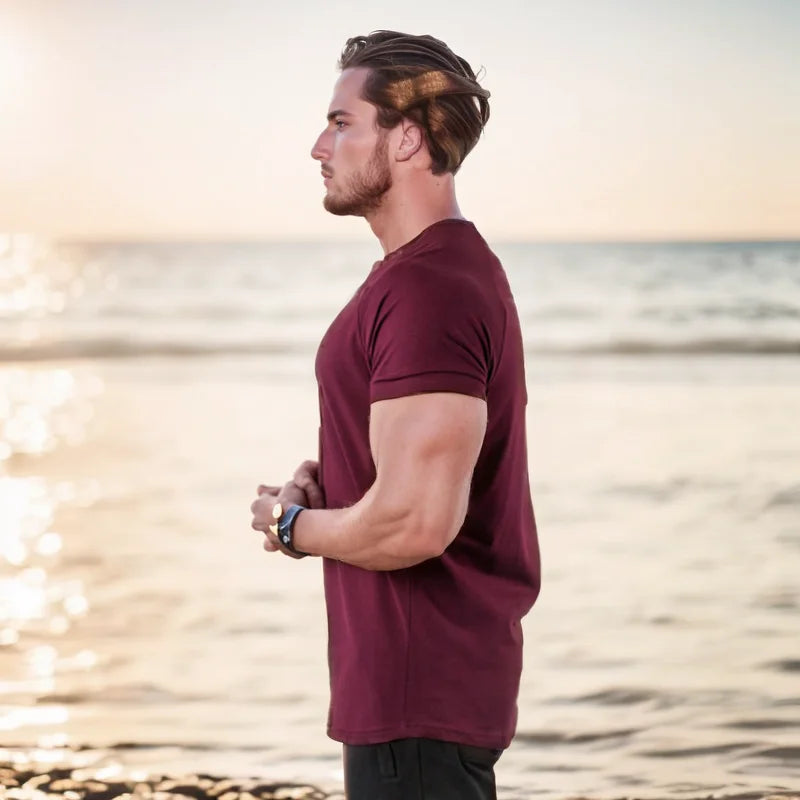 Summer Men t-Shirt Casual Cotton t Shirt Short Sleeve Soild Tops Breathable Gym t-Shirts Elastic o-Neck Tee Shirt Man Clothing