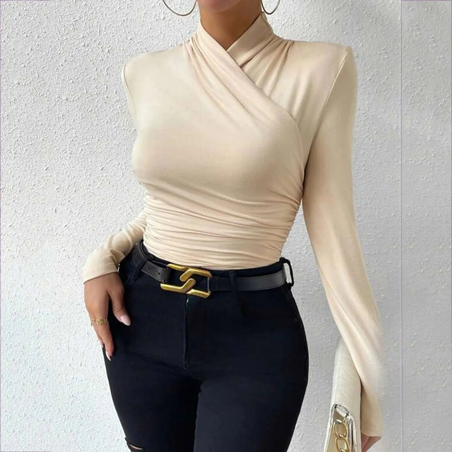 Women'S Autumn And Winter Tank Tops With A Neckline Slim Fit Versatile Pleated T Shirt Sexy Cross Ladies Crop Tops Streetwear