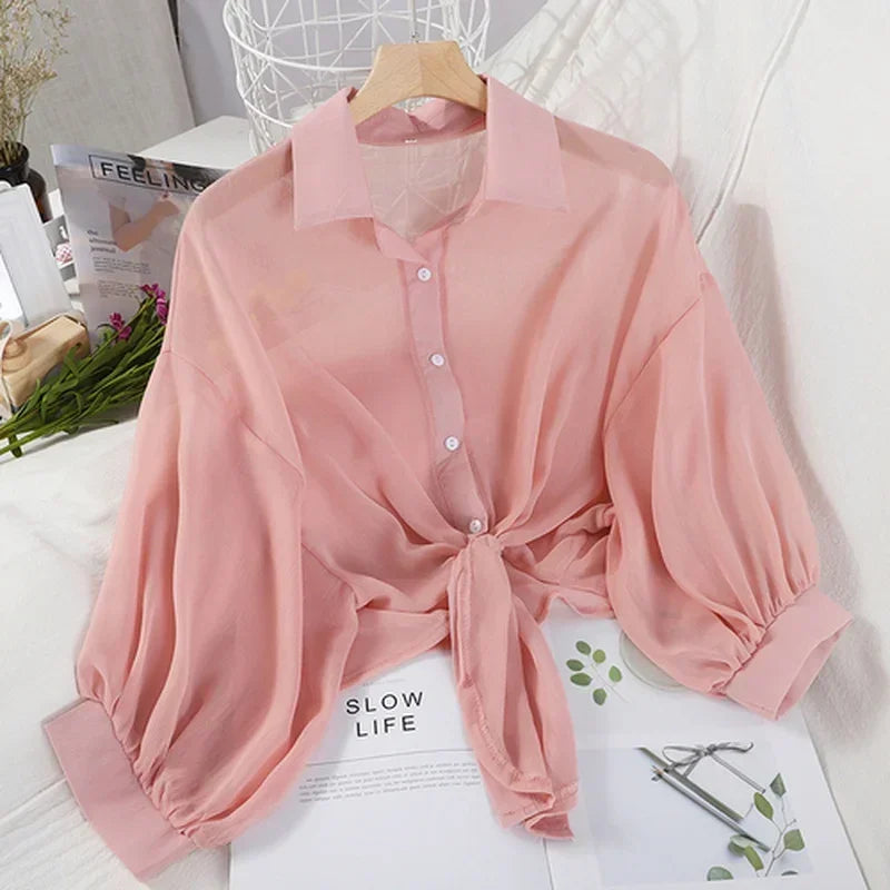 Summer Sun-protective clothing Casual Loose Clothes Elegant Solid Color Tied Waist Blouse Bat Half Sleeve Button Chiffon Shirt