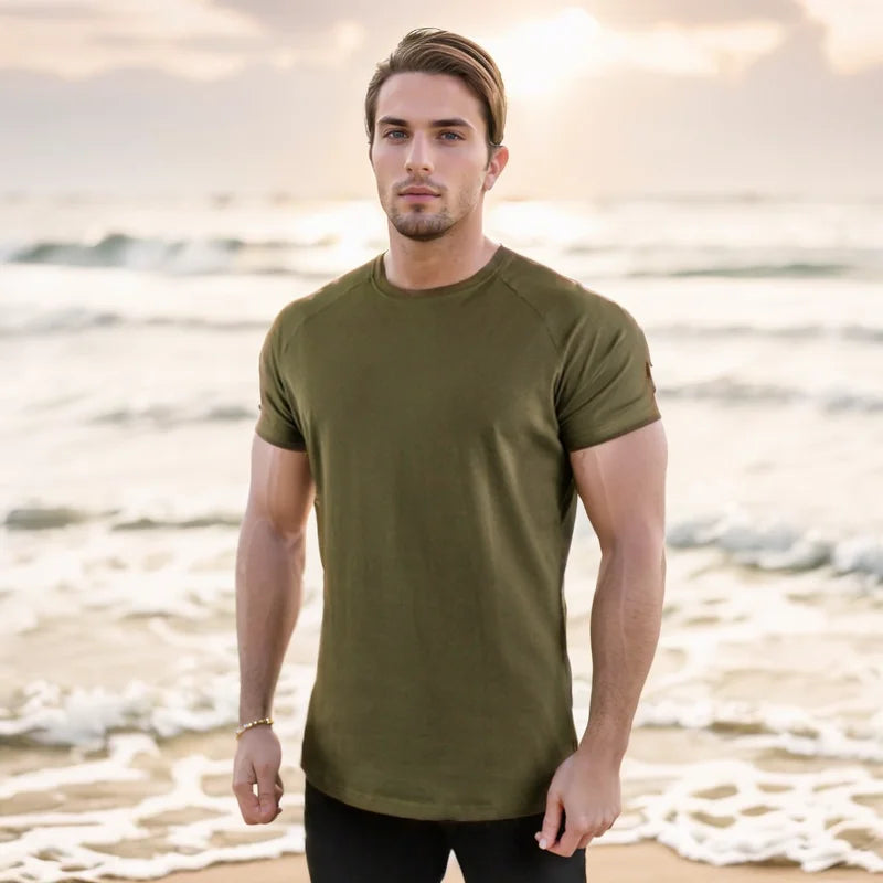 Summer Men t-Shirt Casual Cotton t Shirt Short Sleeve Soild Tops Breathable Gym t-Shirts Elastic o-Neck Tee Shirt Man Clothing
