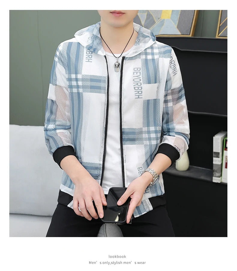 Men's Summer Mesh Sun Protection Clothing Trendy Stripe Print Ice Silk Cool Feeling Breathable Quick Dry Hooded Jacket