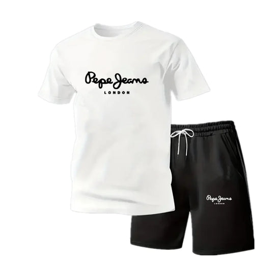 New summer fitness sportswear for men, short-sleeved T-shirt and shorts two-piece set, breathable and quick-drying casual wear.