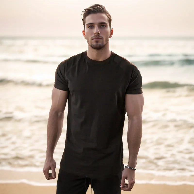 Summer Men t-Shirt Casual Cotton t Shirt Short Sleeve Soild Tops Breathable Gym t-Shirts Elastic o-Neck Tee Shirt Man Clothing