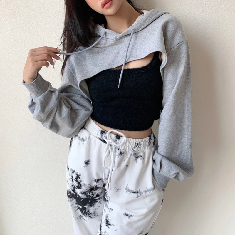 Womens Long Sleeve Cropped Hoodies Sweatshirt Aesthetic Punk Hip-Hop Dance Plain Sexy Rave Cutout Loose Super Crop Top