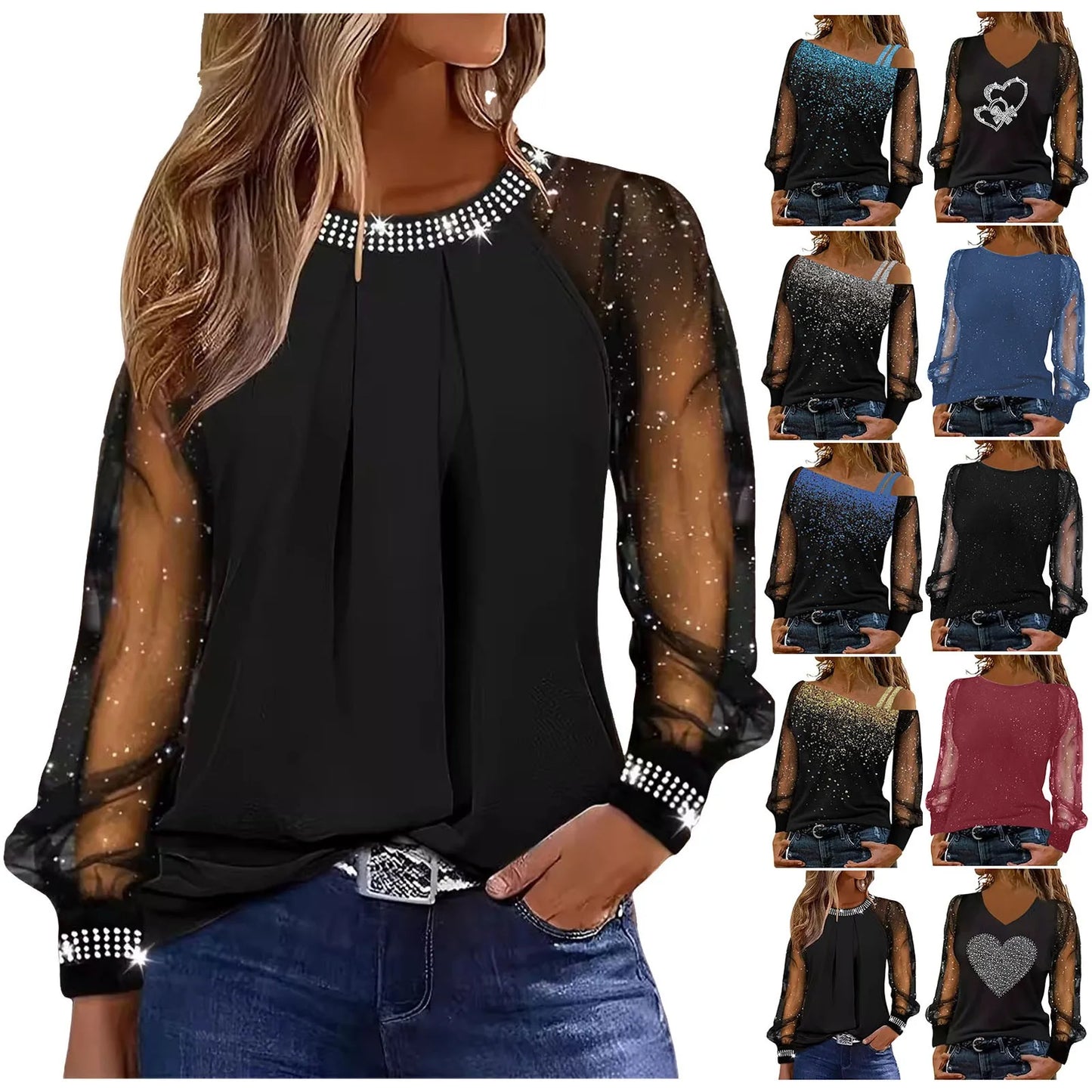 Woman Casual Rhinestone Sheer Mesh Patch Glitter Top Female Clothing New Women'S Fashion Long Sleeve Daily T-Shirt