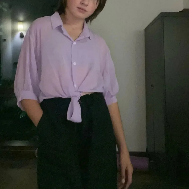 Summer Sun-protective clothing Casual Loose Clothes Elegant Solid Color Tied Waist Blouse Bat Half Sleeve Button Chiffon Shirt