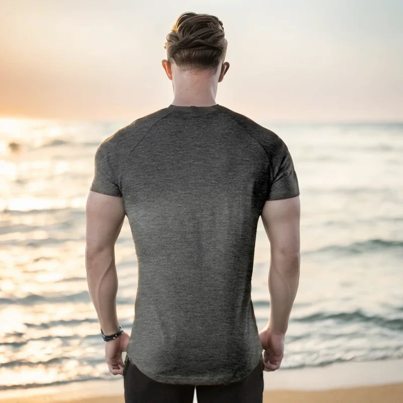 Summer Men t-Shirt Casual Cotton t Shirt Short Sleeve Soild Tops Breathable Gym t-Shirts Elastic o-Neck Tee Shirt Man Clothing