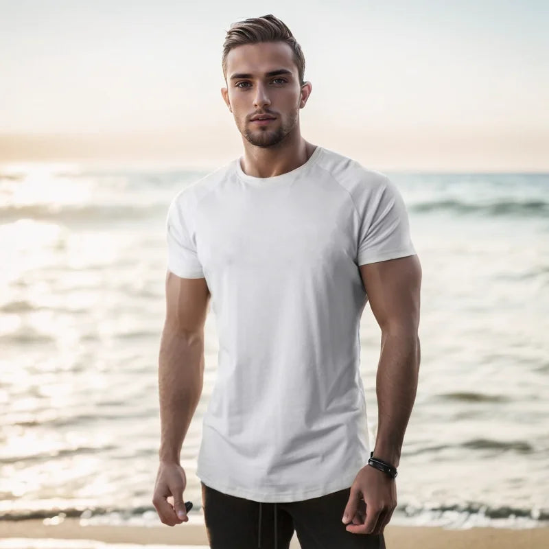 Summer Men t-Shirt Casual Cotton t Shirt Short Sleeve Soild Tops Breathable Gym t-Shirts Elastic o-Neck Tee Shirt Man Clothing